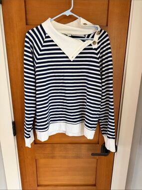 J. Crew White and navy striped sweatshirt. Button detail and mock neck.
